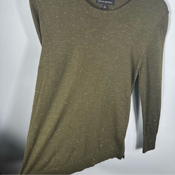 Banana Republic Olive Green Sparkle Crew Sweater Size Medium Winter Holiday Snow - Picture 4 of 13